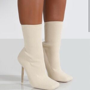 Public Desire Cream Ribbed Heeled Boots